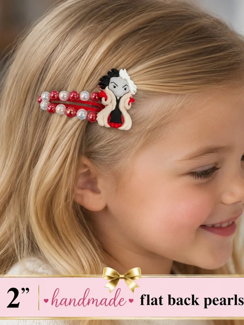 ✨ Handmade Cruella Pearl Hair Clips | 2” Snap Clips for Girls ✨